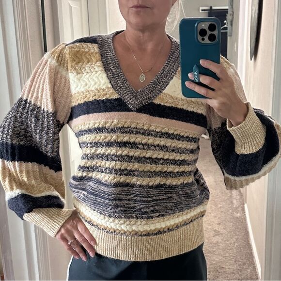 ANOTHER LOVE CLOTHING Raelynn Bell Sleeve Sweater Blue Tan Cream Size Medium - Picture 1 of 7